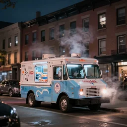 tilt - shift photography of ice cream trucks in front of brooklyn tenement buildings at night, steam, vaporwave
