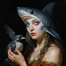 a baroque close - up portrait of a fantasy shark shaman goddess wearing facepaint and a colorful laser eyes, holding a bird. black background. studio lighting, big eyes. highly detailed science fiction fantasy painting by norman rockwell, moebius, frank frazetta, syd mead, and sandro botticelli. high contrast. renaissance masterpiece. artstation.