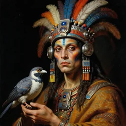 a baroque close - up portrait of a fantasy alien cyborg shaman god wearing facepaint and a colorful futuristic aztec headset with metallic technology, holding a bird. cosmic black background. intense lighting. highly detailed science fiction fantasy painting by norman rockwell, moebius, frank frazetta, syd mead, and sandro botticelli. high contrast. renaissance masterpiece. artstation.