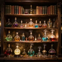 a bookshelf of wonderful magical experiments, located in a wizard's shop, full of trinkets and magical potions flasks vials, bubbling liquids, smoking vessels