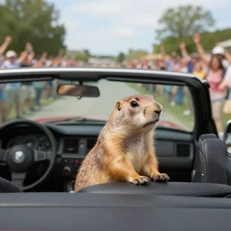 a prairie dog on the back seat of a convertible vehicle, being driven through a cheering crowd