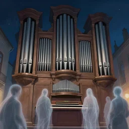 illustration of close - up street view of pipe organ, night, ghostly figures, by peter mohrbacher, by alex andreev, by jacek yerka, by alan lee, large depth of field, super detailed, digital art, trending on artstation