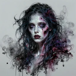 wispy ink horror, neochrome colors, realistic render, portrait of beautiful pale woman, zombie art, photo pic by matte painting