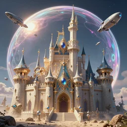 castle, half soap bubble mind, half symetrical highly detailed ornate with jewels and precious metals futuristic, half sandman kingdom, half kingdom of dreams, space ships, hiperrealistc, global illumination, radiant light, art by ralph horsley