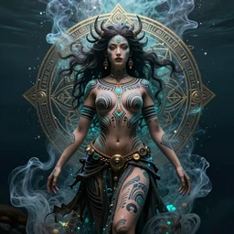 a centered full body render of an alluring mystical goddess with tribal paintings surrounded by a underwater ink pour and flowing liquid galium and sacred geometry, perfect face, powerful, cinematic, beautifully lit, by artgerm, by karol bak, by viktoria gavrilenko, 3 d, trending on artstation, octane render, 8 k