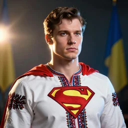 medvedev condom, ukrainian superman, ukrainian national clothes, portrait of young man, 8 k ultra realistic, lens flare, atmosphere, glow, detailed, intricate, full of colour, led lighting, 4 k, hyperrealistic, focused, extreme details, unreal engine 5, masterpiece