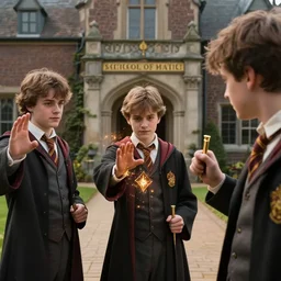 sharp, highly detailed, from a 2 0 1 9 sci fi color movie, set in 1 8 5 0 in an alternate universe, mid distant shot of three students practicing magic, outside the'school of magic ', 1 8 5 0 s era clothing, cinematic lighting, in focus, real faces, 3 5 mm macro lens, live action, special effects, cinematic photography