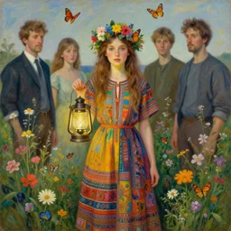a girl wearing a colourful patterned dress and a flower crown holding a latern surrounded by butterflies and wild flowers, painted by edgar maxence, edward hopper, wayne barlowe, james gilleard and james jean