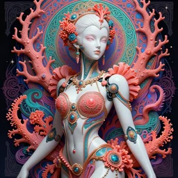 portrait of an absurdly beautiful, graceful, sophisticated, fashionable cyberpunk mechanoid, hyperdetailed illustration by irakli nadar and alexandre ferra, volumetric lighting, celtic fantasy art, psychedelic, in the style of greg rutkowski, donato giancola, tom bagshaw, intricate, hyper detailed, smooth, vibrant aura, intricate linework, white porcelain skin, faberge, coral
