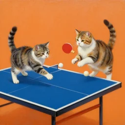 a detailed picture of two cats playing ping - pong, orange background, oil painting