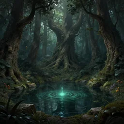 a dark magical pond surrounded by a dense forest of enormous trees, deep focus, d & d, fantasy, intricate, elegant, highly detailed, digital painting, artstation, concept art, matte, sharp focus, illustration, hearthstone, art by greg rutkowski and alphonse mucha and andreas rocha
