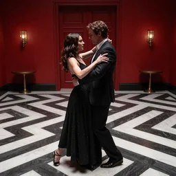 succession, logan roy and kendall roy are dancing in the red room from twin peaks. black and white floor, zig zag, twin peaks, strange