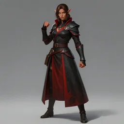 beautiful female half elf monk, young, full body black and red longcoat, fisting, detailed face, brown hair, short ponytail, golden eyes, brown skin, high fantasy, high detail, smooth, digital illustration, by michael komarck, mtg art