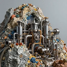 cinematic ultra realistic photography of the complex magical machine embedded within the mountain, colourful sedimentary and igneous rock and marble, rock textures industrial machinery, pistons, pipes and valves,  super conducters, circuitry. 8k 3D geology