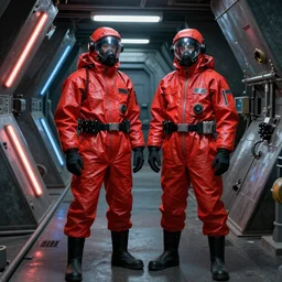 two scientists wearing red future punk hazmat suits standing in side neon missile silo by frank frazetta