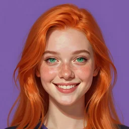 portrait of a beautiful smiling girl with orange hair and freckles, green eyes, highly detailed, digital painting, style by Gretel Lusky, artstation, concept art, smooth, sharp, focus, illustration. background is purple
