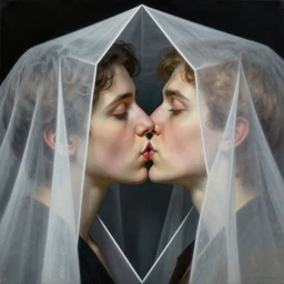 hyper realistic painting of the kiss, triangular composition, detailed faces, veil, in the style of mc escher, austin osman spare, wayne barlowe, gustav moreau, goward, gaston bussiere and roberto ferri, santiago caruso, bouguereau, klimt, saturno butto, sorayama. occult art, alchemical diagram