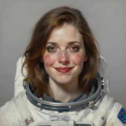 a portrait of a very deformed ugly grinning woman in a spacesuit with a thin scar across her left cheek, brown eyes, shoulder-length brown hair, deep red lips, bored, illustration, soft lighting, soft details, painting oil on canvas by mark arian by artgerm, trending on artstation, 4k, 8k, HD
