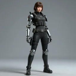 android girl with a human face, full-length, dressed in tactical armor, right arm chrome prosthetic, cyberpunk style