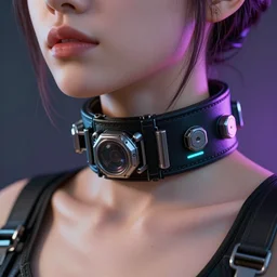 detailed realistic female character cyberpunk wearing thick technological collar around neck, realistic, art, beautiful, 4K, collar, choker, collar around neck, punk, artstation, detailed, female, woman, choker, cyberpunk, neon, punk, collar, choker, collar around neck, thick collar, tight around neck, punk,