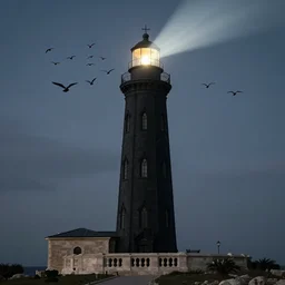 Detailed Exterior Shot of The Black Gothic Lighthouse of Alexandria, light of god, light shafts, flock of birds, stunning atmosphere, in Style of Peter Mohrbacher, cinematic lighting