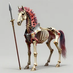 Colorful, vibrant. A (((spiked!!!))) detailed horse skeleton with armored joints stands with halberd in hand. Massive shoulderplates. Extremely high details, realistic, fantasy art, solo, masterpiece, bones, ripped flesh, art by Zdzisław Beksiński, Arthur Rackham, Dariusz Zawadzki, Harry Clarke