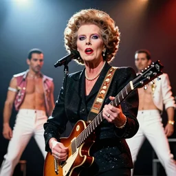 photograph of margaret thatcher in kiss makeup playing guitar on stage with freddie mercury singing kodachrome washed out color
