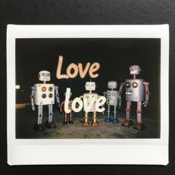 love!!! death!!! robots!!! 1 9 7 0 s polaroid photograph.