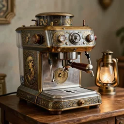 steampunk espresso machine with a soul, on a wooden table, intricate detail, hyper detailed, ultra realistic, sharp focus, smooth, octane render, lantern, volumetric, ray tracing, artstation trending, cgsociety, sense of awe, mystical, by alphonse mucha, horizon zero dawn 4 k