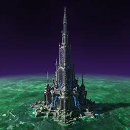 looking from space at green sea and dark purple illusion tower in the back, ornate and intricate, by greg rutkowski, by anton fadeev, by rhads, 4 k, cyber punk style, glowing blue veins
