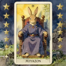 “ watercolor of a mystical magician rabbit sitting in a robe on a throne. tarot card. in the style of miyazaki. ”