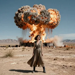 fashion editorial in nuclear explosion on Nevada desert. wide angle shot. highly detailed. depth of field. high definition. 8k. photography.
