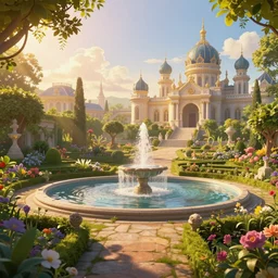 Beautiful garden, next to a fountain and a mystical palace, hyperdetailed, artstation, cgsociety, golden hour 8k