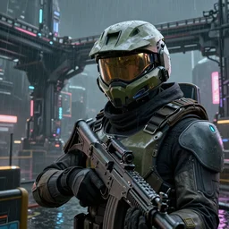 close view matte painting of a modern soldier in halo helmet, holding machine gun in right hand, cyberpunk city and huge mechanical bridges on the background, rainy night, neon glow, concept art, smooth, sharp focus, cyberpunk 2077, neuromancer, scifi, photorealistic, octane render, 8k