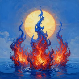 3 d, flame, liquid deep blue and red water, sun, high detail, intricate oil painting, multiple exposure, heaven mood, hyperrealism, 3 d, by tooth wu and wlop and beeple and greg rutkowski