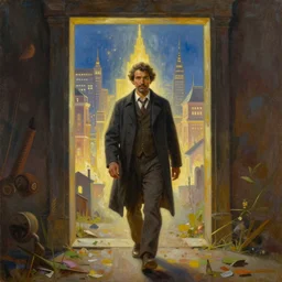 painting of solomon northup walking through a portal!!!!! with a shining city in front of him
