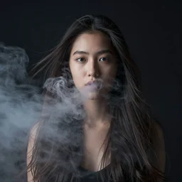 candid!! long portrait of a very very beautiful! young filipino woman with narrow face, large eyes and flowing long hair, dramatic swirling dreamy smoke and fog is coming from her mouth, face partially obscured, dark background, by conrad roset, abstract, thought provoking, dramatic lighting, trending on artstation
