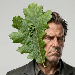 ( leafy performs having an green oak leaf texture and a fractal structure ) ( fred plays a stern middle aged man ) hyperrealistic close up studio portrait of leafy fred, hyperrealistic sculpture, trending on artstation 8 k shocking detail hard shadows