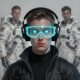 neon cyberpunk engineer with glowing geordi cyclops visor over eyes and sleek headphones headshot desaturated portrait painting by donato giancola, dean cornwall, rhads, tom whalen, alex grey astronaut fashion photography