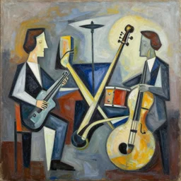 an abstract cubist painting of musical instrument in a band