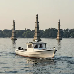 a boat crosses a lake: three stone spires in the distance, in the style of Ted Nesmith and Larry Elmore