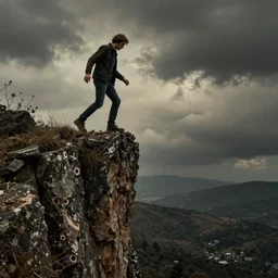 a wandering man steps off the ledge of a cliff, horror art, cinematic