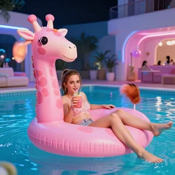 a photo of a emma watson, holding a drink, laying in a big cute pastel pink giraffe float, having fun in a pool party in a modern indoors pool with cyberpunk illumination at night. visually stimulating photo. coherent. 8 k. sensual.