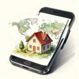 concept art illustration of a world with a house going through the screen of mobile phone, sketch