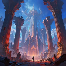 epic intrincated fantasy landscape, vibrant blue and red color scheme, warm highlights!, atmospheric perspective, large destroyed giant colums!!!, giant church of the gods!!!, pointy risks mountains, in the style of peter mohrbacher and greg rutkowski, giant final boss in the background