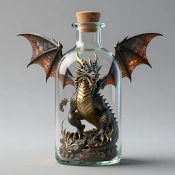 fantasy dragon in a bottle, high detail, realism, 8 k, concept art