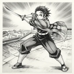 a very detailed pencil drawing of emma watson in demon slayer manga panel, action lines, on rooftop, back light, sword slash, high resolution, dynamic pose, landscape, full body, action, sword, hyper realistic, manga, koyoharu gotouge, sakuga