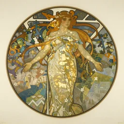 2 d flat shape abstract art, alphonse mucha style