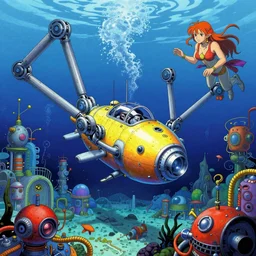 cyber funk, under water ocean exploration station and a pod submarine with robot arms in deep ocean, yoshitaka amano, moebius, mike mignola, bright color