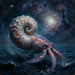 full painting of the Nautilus fighting a giant squid in the middle of the ocean during a storm made by Jeff Easley and Peter Elson + realistic animal, + galaxy + gothic, surreal, dread + highly detailed, intricate complexity, epic composition, magical atmosphere + masterpiece, award winning + trending on artstation,